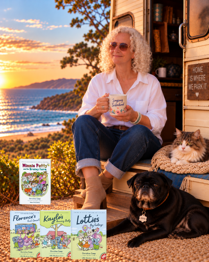 Christine Camp and Chrissy Camp with her children’s books at a coastal caravan setting